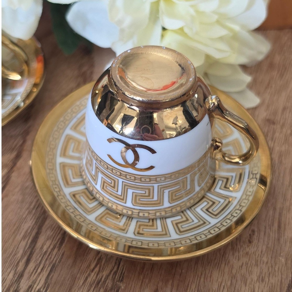 Gilded White Gold Greek Key Tea Cup Set of 2 - Picture 7 of 9